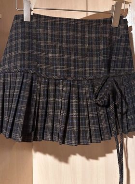 美式复古学院风百褶裙女辣妹高腰显瘦格纹毛呢半身裙防走光短裙子
