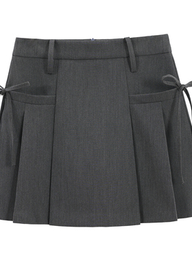 学院风灰色休闲百褶裙女高腰显瘦设计感蝴蝶结a字裙百搭西装短裙