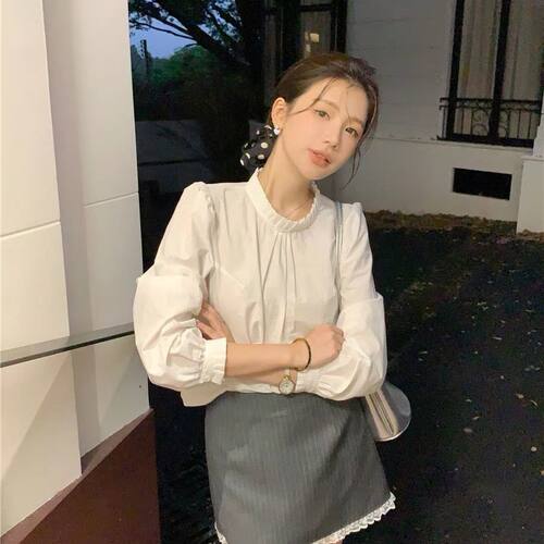 泡泡袖白色衬衫上衣套装女新款春夏高腰显瘦蕾丝拼接半身裙两件套