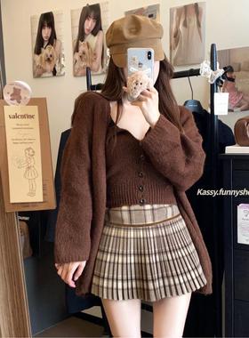 复古红色格子毛呢百褶裙时尚百搭半身裙女春季高腰a字防走光短裙