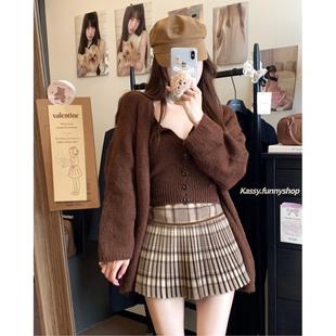 复古红色格子毛呢百褶裙时尚 高腰a字防走光短裙 百搭半身裙女春季