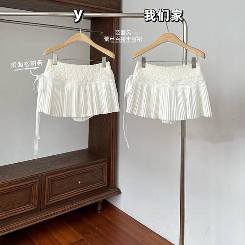 蛋糕百褶裙女夏季新款蕾丝拼接系带短裙高腰显瘦白色半身裙a字裙