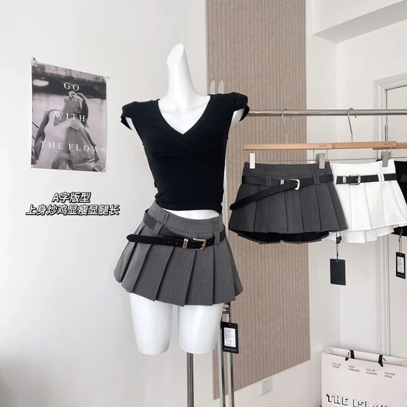 灰色学院风a字百褶裙女夏季新款高腰显瘦半身裙防走光百搭短裙子