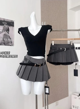 灰色学院风a字百褶裙女夏季新款高腰显瘦半身裙防走光百搭短裙子