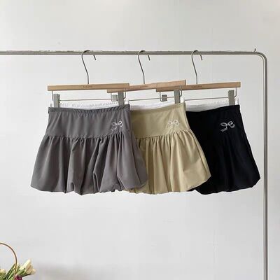 辣妹花苞裙百褶裙女春夏高腰显瘦蝴蝶结灰色a字短裙子蓬蓬半身裙