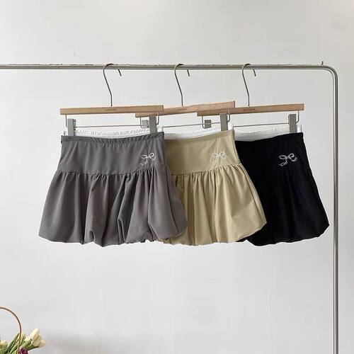 辣妹花苞裙百褶裙女春夏高腰显瘦蝴蝶结灰色a字短裙子蓬蓬半身裙