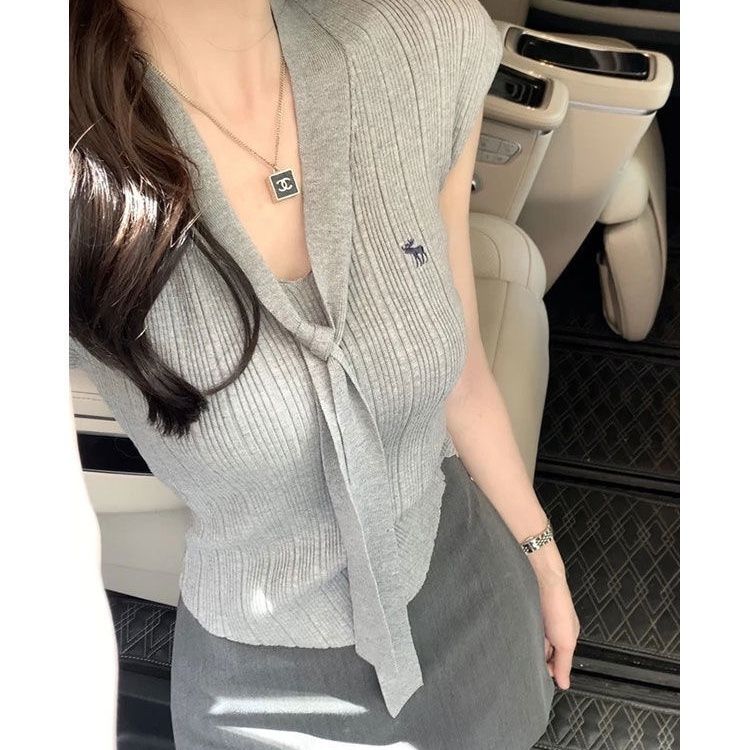 飘带刺绣针织衫短袖上衣女夏季新款高腰显瘦半身裙包臀短裙两件套