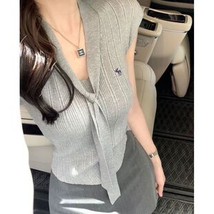 新款 上衣女夏季 高腰显瘦半身裙包臀短裙两件套 短袖 飘带刺绣针织衫