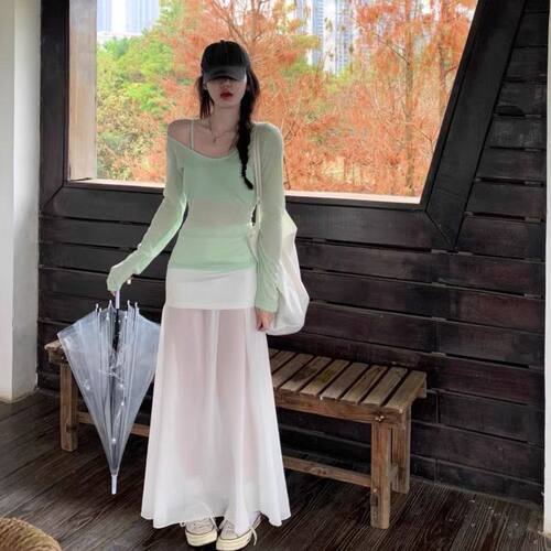 薄荷绿薄款T恤防晒罩衫女吊带背心夏季百搭网纱拼接半身裙两件套