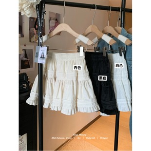 秋冬新款芭蕾风木耳边半身裙女高腰显瘦百搭蓬蓬短裙白色a字裙子