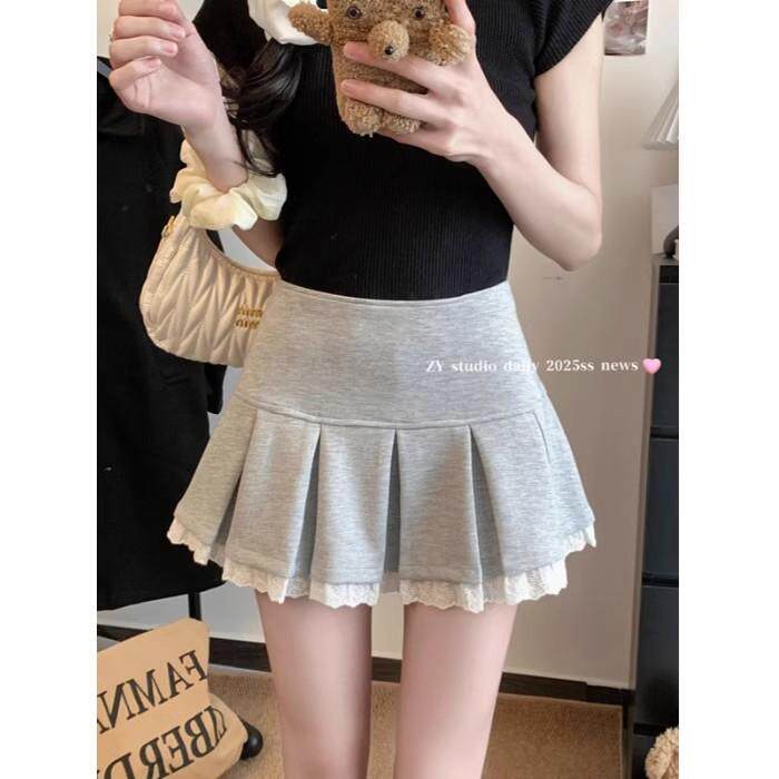 甜辣妹蕾丝拼接半身裙女春季短裙复古防走光百褶裙高腰显瘦A字裙