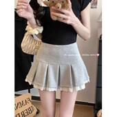 甜辣妹蕾丝拼接半身裙女春季 短裙复古防走光百褶裙高腰显瘦A字裙