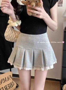 甜辣妹蕾丝拼接半身裙女春季短裙复古防走光百褶裙高腰显瘦A字裙