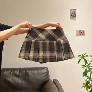 咖色格纹辣妹百搭半身裙女高腰显瘦百褶裙气质学院风防走光短裙子