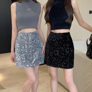 设计感小众银色亮片a字半身裙女秋冬新款辣妹高腰显瘦包臀短裙子