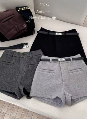 辣妹毛呢短裤秋冬外穿新款高腰显瘦小个子百搭a字休闲穿靴热裤子