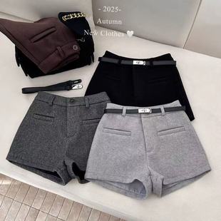 辣妹毛呢短裤秋冬外穿新款高腰显瘦小个子百搭a字休闲穿靴热裤子