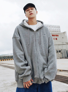 李宁连帽开衫卫衣情侣春新款宽松百搭灰色校园ins百搭运动服外套