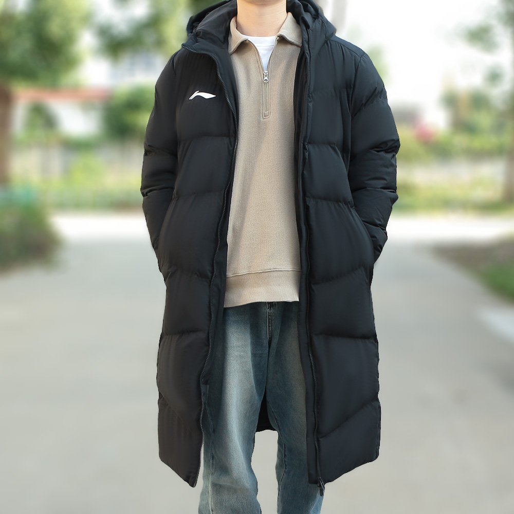 李宁长款棉服2025冬季连帽保暖防风黑色简约百搭情侣休闲运动外套