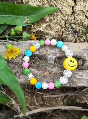 彩珠笑脸闪钻高弹力手链项链套装