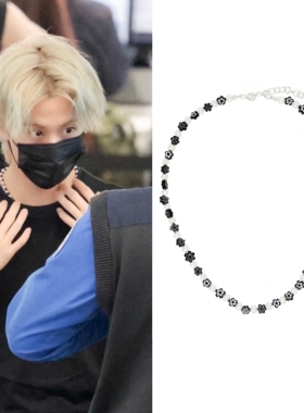 NCT李马克Mark同款黑色琉璃花贝壳珍珠相间拼接项链圈时尚潮酷型