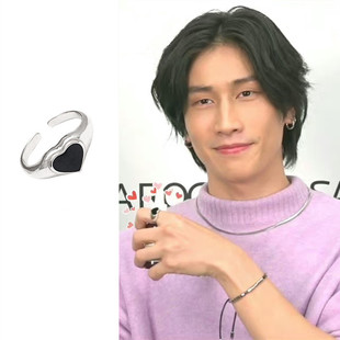 Bible柏博同款 开口925银基底黑色爱心戒指圈环男女潮黑帮少爷爱上