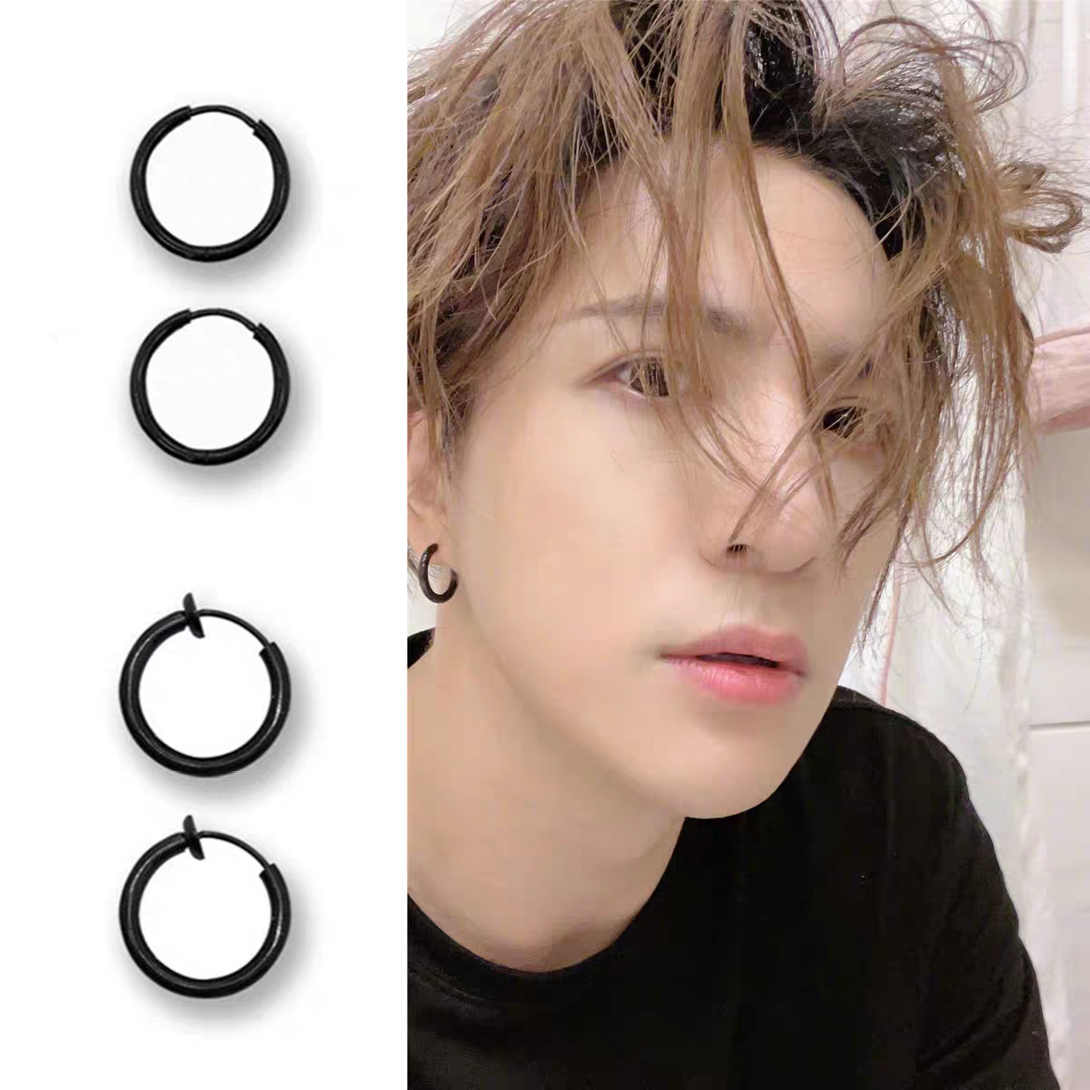 薛之谦同款黑色圆圈耳环夹男女日常百搭耳圈配饰钛钢不褪色不过敏