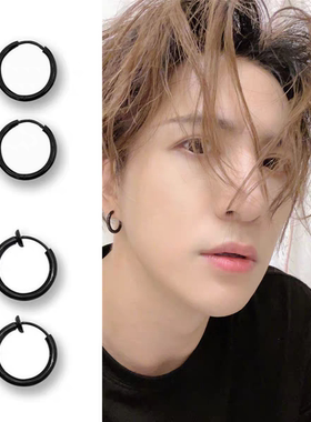 薛之谦同款黑色圆圈耳环夹男女日常百搭耳圈配饰钛钢不褪色不过敏