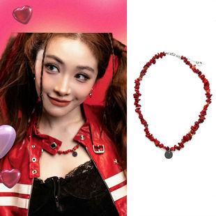 潮酷小众品THE 国风个性 NINE 红色碎石荆棘圆牌项链圈时尚 喻言同款