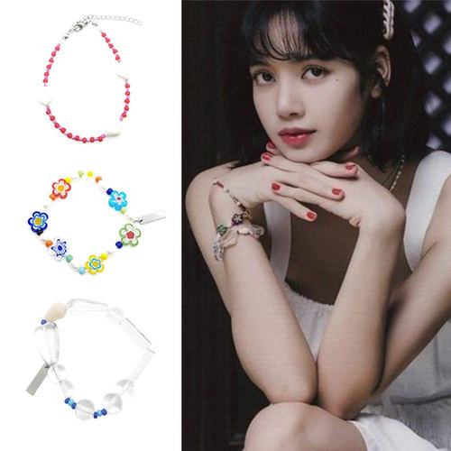 blackpink Lisa同款琉璃花手链环圈套装淡水珍珠红蓝色礼物饰品项