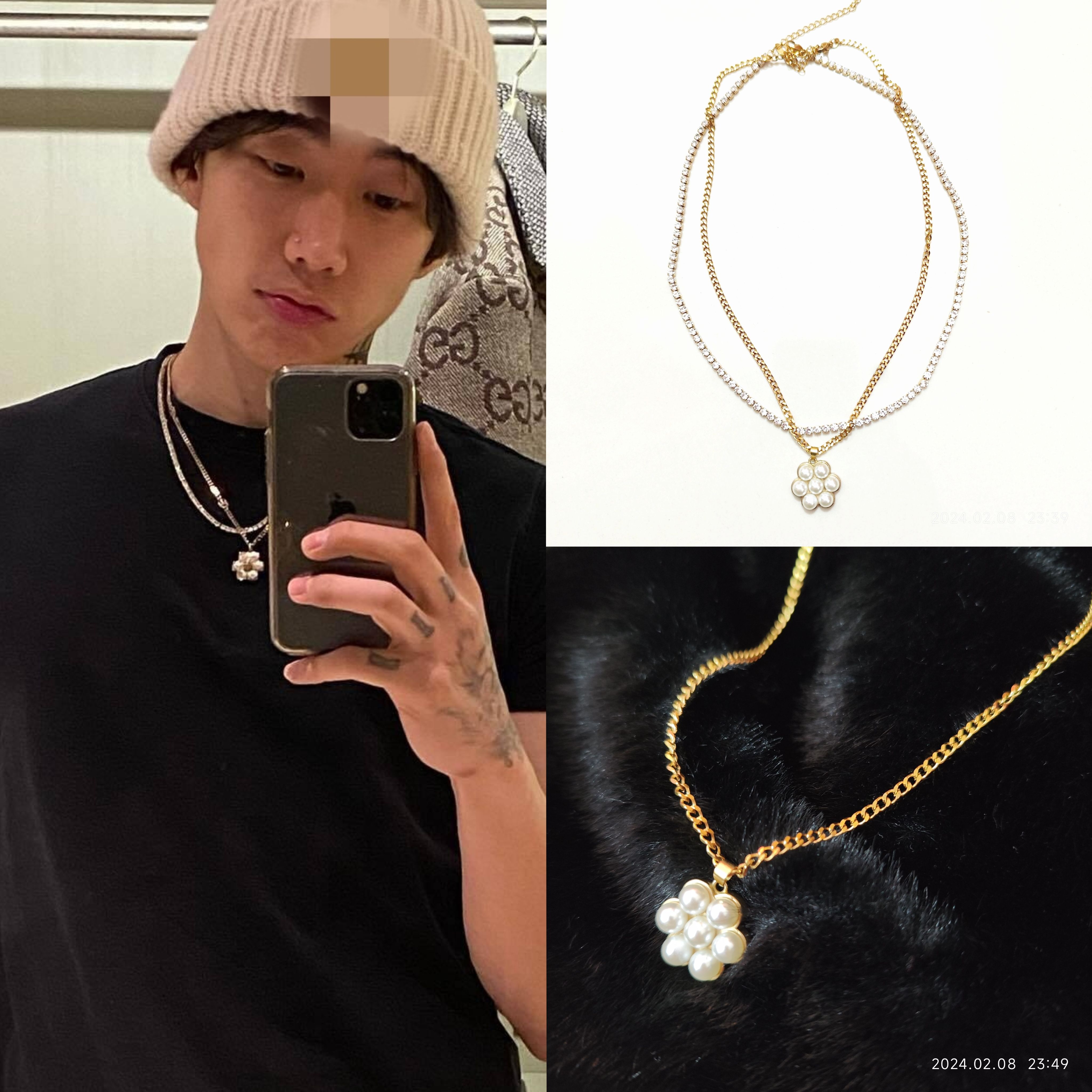 朴宰范同款五瓣花朵珍珠吊坠金色钛钢项链圈套装时尚常戴JAY PAPK