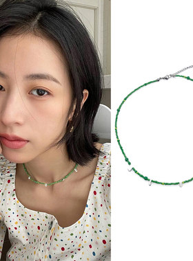 周雨彤同款绿色米珠白色点缀项链碎石贝珠小清新choker气质潮颈圈