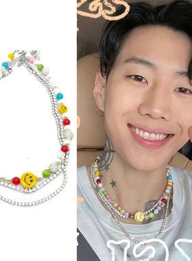 朴宰范同款笑脸彩珠珍珠闪钻满锆石项链圈套装时尚潮流酷JAY PAPK