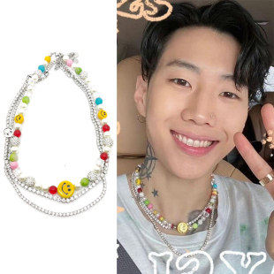 潮流酷JAY 时尚 PAPK 笑脸彩珠珍珠闪钻满锆石项链圈套装 朴宰范同款