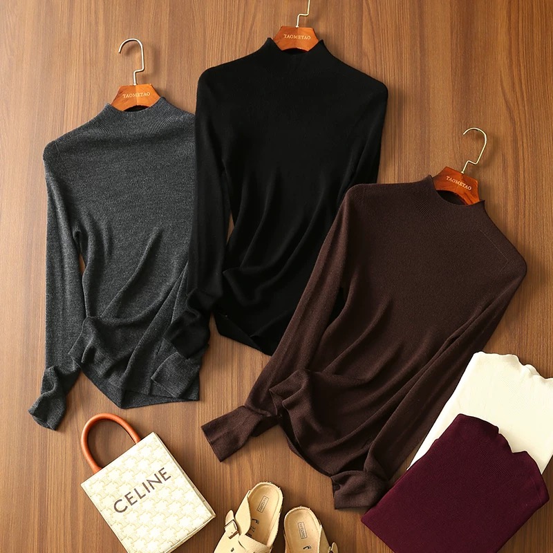 TLW优品 [可机洗]无缝全成型超细羊毛半高领弹力修身针织衫女新款