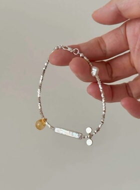 天然黄水晶水滴巴洛克银条S925纯银碎银子女气质水晶手链