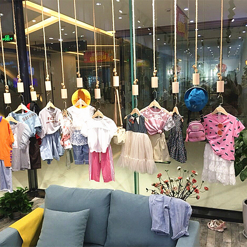 服装店吊环 个性店铺装修展示架 实木麻绳顶上悬挂吊架 麻绳吊挂