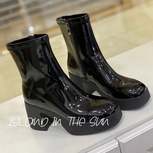 厚底马丁靴2023秋冬新款粗跟防水台漆皮短靴女中筒靴方头高跟加绒