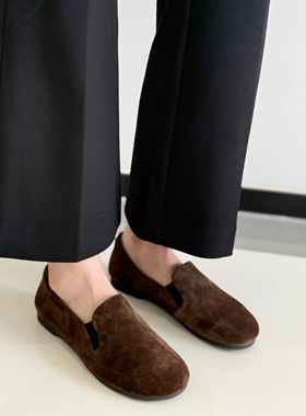 OTZ高级感平底真皮单鞋小众款复古圆头平跟乐福鞋一脚蹬舒适女鞋