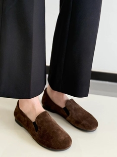 OTZ高级感平底真皮单鞋小众款复古圆头平跟乐福鞋一脚蹬舒适女鞋