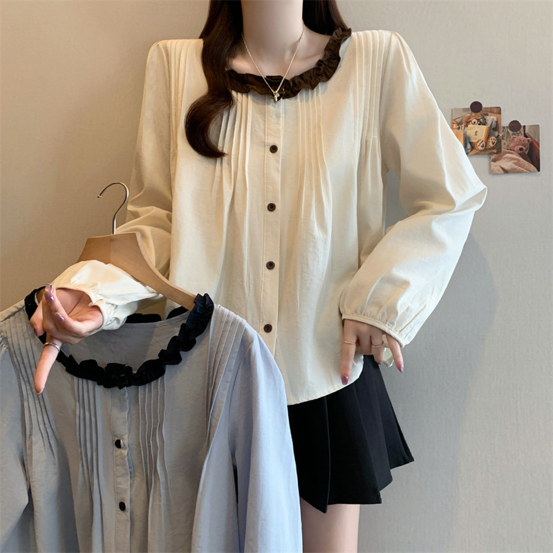 实拍25秋季新款大码胖MM韩式复古荷叶边撞色上衣宽松显瘦压褶衬衫,女装/女士精品,大码内搭,淘宝优惠券,粉丝福利购,淘宝优惠卷
