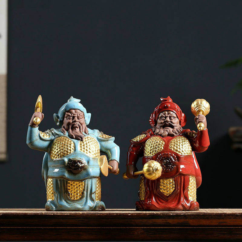 陶瓷哼哈二将小门神摆件镇宅神像紫砂人物工艺品小号客厅玄关摆设