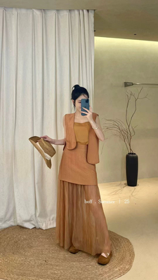 2025夏季新款女轻奢设计时尚网纱拼接裙+马甲+背心三件套别致6260