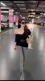 t恤微喇叭褲 2025夏季 新款 女黑色純欲V領(lǐng)收腰短袖 辣妹顯瘦小眾 套裝