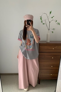 2025夏季 女韓版 多巴胺卷袖 雙色撞色卡通小熊印花寬松T恤2285 新款