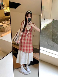 2025夏季 女度假風系帶抽繩格紋吊帶連衣裙假兩件撞色拼接896 新款