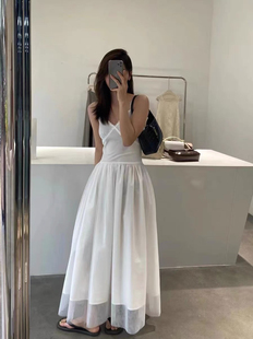芭蕾風吊帶修身 拼接網紗連衣裙高腰蓬蓬度假仙女裙 新款 2025夏季