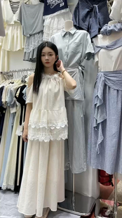 套裝 2025夏季 半身裙大碼 蕾絲拼接露肩上衣顯瘦 胖mm韓系時尚 法式