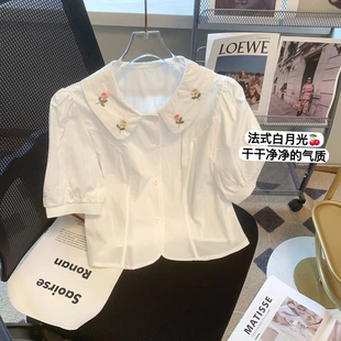 短款 2025夏季 上衣646 娃娃領短袖 薄款 新款 女設計感甜美刺繡花襯衫
