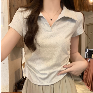 显瘦短款 收腰polo领V领正肩短袖 修身 T恤女2025夏季 纯色上衣潮 新款